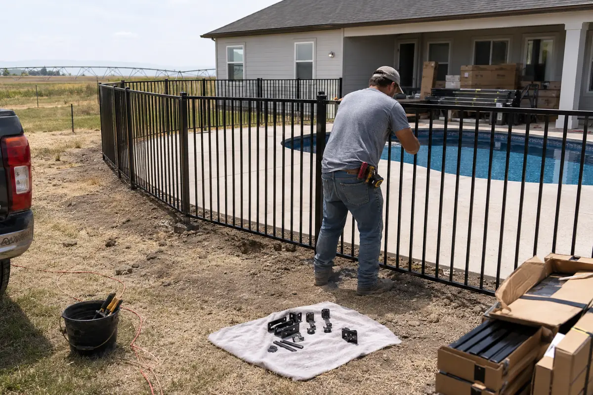 Aluminum Fence Installation underway on a property in Rupert, ID